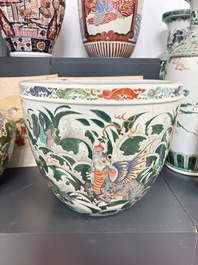 A fine famille verte-style 'Mythical Beasts and Fish' scroll pot or jardini&egrave;re, Samson, Paris, 19th C.