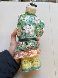 Three famille verte-style and verte biscuit-style teapots, a wine pot and a model of Dongfang Shuo, Samson, Paris, Ding mark, 19th C.