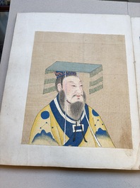 A brocade-bound album of portraits of Chinese emperors, accompanied by biographical texts, 18th C.