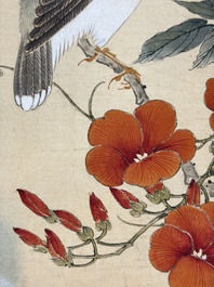 Two Chinese silk paintings with birds on blossoming branches, signed Shi Ren 施仁, dated 1898