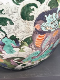 A fine famille verte-style 'Mythical Beasts and Fish' scroll pot or jardini&egrave;re, Samson, Paris, 19th C.