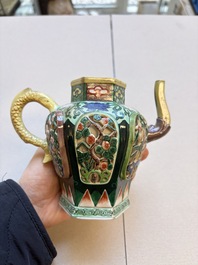 Three famille verte-style and verte biscuit-style teapots, a wine pot and a model of Dongfang Shuo, Samson, Paris, Ding mark, 19th C.