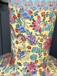 A Chinese famille rose yellow-ground 'Tianqiu Ping' vase with dragons and flowers, 20th C.