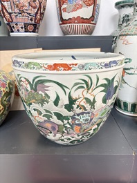 A fine famille verte-style 'Mythical Beasts and Fish' scroll pot or jardini&egrave;re, Samson, Paris, 19th C.