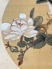 Two Chinese silk paintings with birds on blossoming branches, signed Shi Ren 施仁, dated 1898
