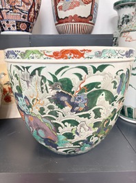 A fine famille verte-style 'Mythical Beasts and Fish' scroll pot or jardini&egrave;re, Samson, Paris, 19th C.
