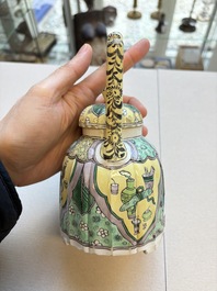 Three famille verte-style and verte biscuit-style teapots, a wine pot and a model of Dongfang Shuo, Samson, Paris, Ding mark, 19th C.