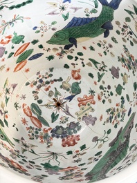 A fine famille verte-style 'Mythical Beasts and Fish' scroll pot or jardini&egrave;re, Samson, Paris, 19th C.