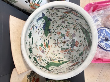 A fine famille verte-style 'Mythical Beasts and Fish' scroll pot or jardini&egrave;re, Samson, Paris, 19th C.