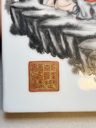 A Chinese grisaille and iron-red decorated '18 Luohan' plaque, Qianlong mark, 20th C.
