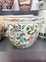 A fine famille verte-style 'Mythical Beasts and Fish' scroll pot or jardini&egrave;re, Samson, Paris, 19th C.