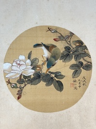 Two Chinese silk paintings with birds on blossoming branches, signed Shi Ren 施仁, dated 1898