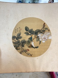 Two Chinese silk paintings with birds on blossoming branches, signed Shi Ren 施仁, dated 1898