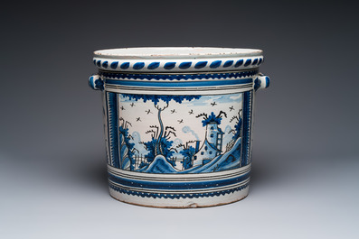 A large French blue and white 'Orange Tree' jardini&egrave;re, Nevers, 18th C.