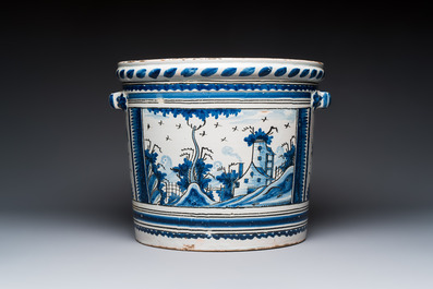A large French blue and white 'Orange Tree' jardini&egrave;re, Nevers, 18th C.