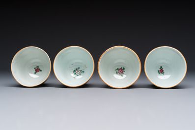 Eight sets of Chinese famille rose cups and saucers with floral design, Qianlong
