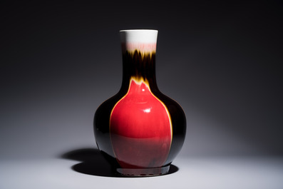 A Chinese flamb&eacute;-glazed tianqiu ping vase on foldable stand, Jingdezhen mark, 20th C.