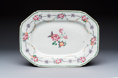 Two Chinese famille rose serving dishes and six plates with floral design, Qianlong