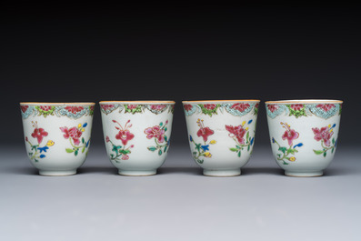 Eight sets of Chinese famille rose cups and saucers with floral design, Qianlong