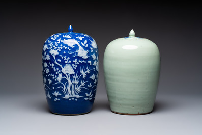 A pair of Chinese blue and white covered vases and two covered jars, Kangxi mark, 19th C