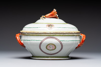 A Chinese famille rose serving dish, a covered tureen and stand with the arms of Peter van Hemert for the Danish market, Qianlong, ca. 1780