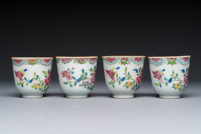 Eight sets of Chinese famille rose cups and saucers with floral design, Qianlong
