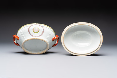 A Chinese famille rose serving dish, a covered tureen and stand with the arms of Peter van Hemert for the Danish market, Qianlong, ca. 1780