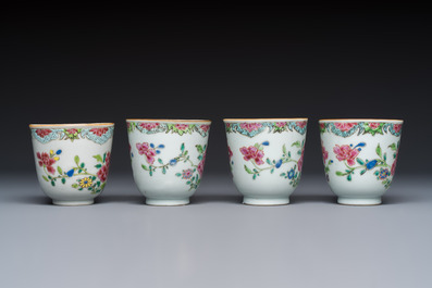 Eight sets of Chinese famille rose cups and saucers with floral design, Qianlong