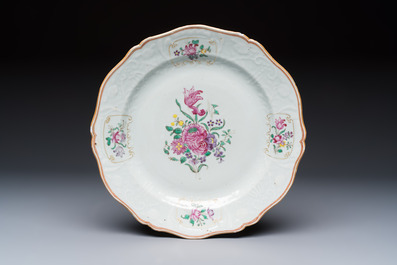Two Chinese famille rose serving dishes and six plates with floral design, Qianlong