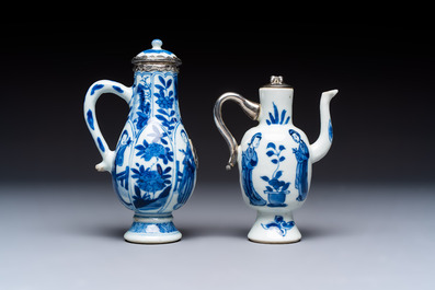 Five Chinese blue and white wares, three silver-mounted, Kangxi