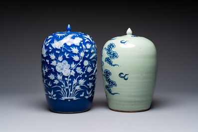 A pair of Chinese blue and white covered vases and two covered jars, Kangxi mark, 19th C