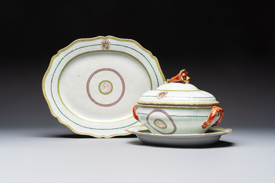 A Chinese famille rose serving dish, a covered tureen and stand with the arms of Peter van Hemert for the Danish market, Qianlong, ca. 1780