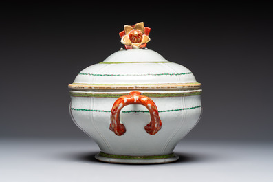 A Chinese famille rose serving dish, a covered tureen and stand with the arms of Peter van Hemert for the Danish market, Qianlong, ca. 1780