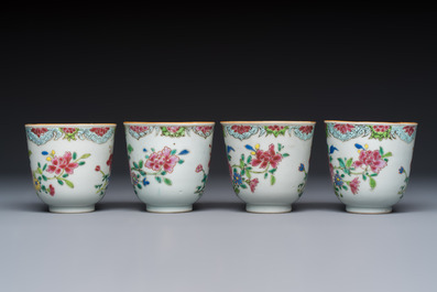 Eight sets of Chinese famille rose cups and saucers with floral design, Qianlong