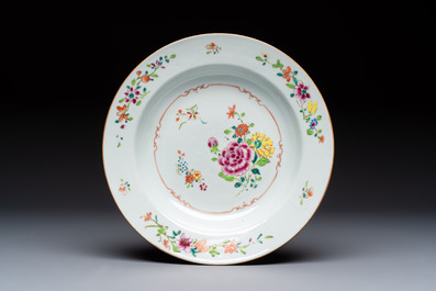 Seven Chinese famille rose plates with floral design, Qianlong