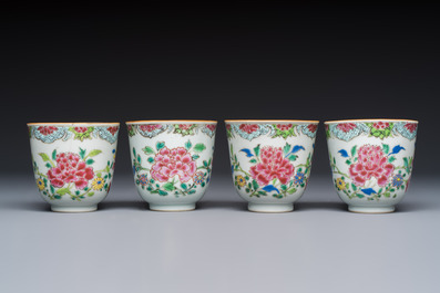 Eight sets of Chinese famille rose cups and saucers with floral design, Qianlong