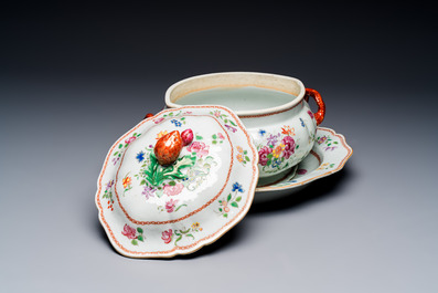 A Chinese famille rose covered tureen and stand with floral design, Qianlong