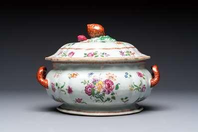 A Chinese famille rose covered tureen and stand with floral design, Qianlong