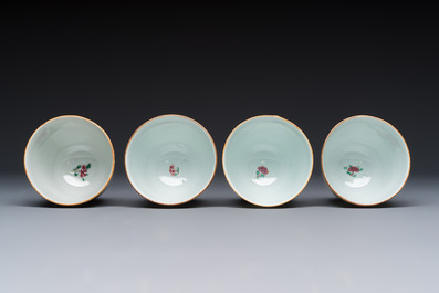 Eight sets of Chinese famille rose cups and saucers with floral design, Qianlong