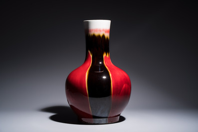 A Chinese flamb&eacute;-glazed tianqiu ping vase on foldable stand, Jingdezhen mark, 20th C.