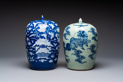 A pair of Chinese blue and white covered vases and two covered jars, Kangxi mark, 19th C