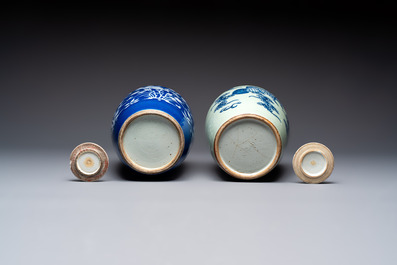 A pair of Chinese blue and white covered vases and two covered jars, Kangxi mark, 19th C