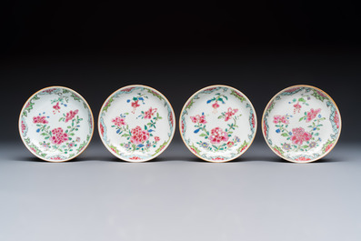 Eight sets of Chinese famille rose cups and saucers with floral design, Qianlong