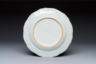 Two Chinese famille rose serving dishes and six plates with floral design, Qianlong