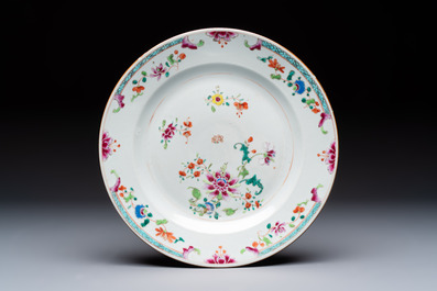 Seven Chinese famille rose plates with floral design, Qianlong