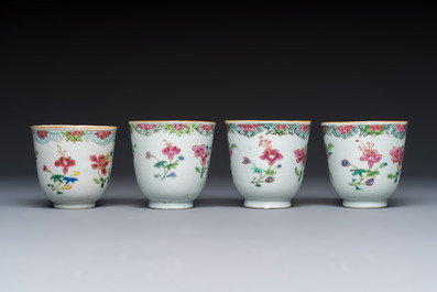 Eight sets of Chinese famille rose cups and saucers with floral design, Qianlong