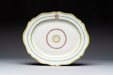 A Chinese famille rose serving dish, a covered tureen and stand with the arms of Peter van Hemert for the Danish market, Qianlong, ca. 1780