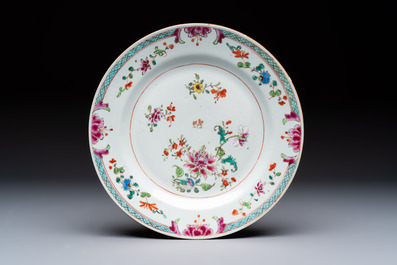 Seven Chinese famille rose plates with floral design, Qianlong