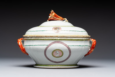 A Chinese famille rose serving dish, a covered tureen and stand with the arms of Peter van Hemert for the Danish market, Qianlong, ca. 1780