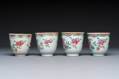 Eight sets of Chinese famille rose cups and saucers with floral design, Qianlong